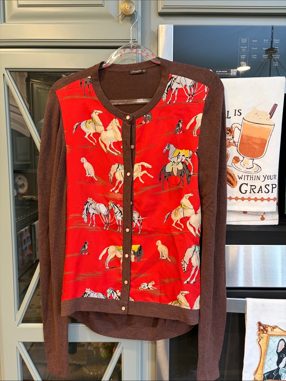 J. McLaughlin Equestrian Silk Print Button-Front Cardigan XS